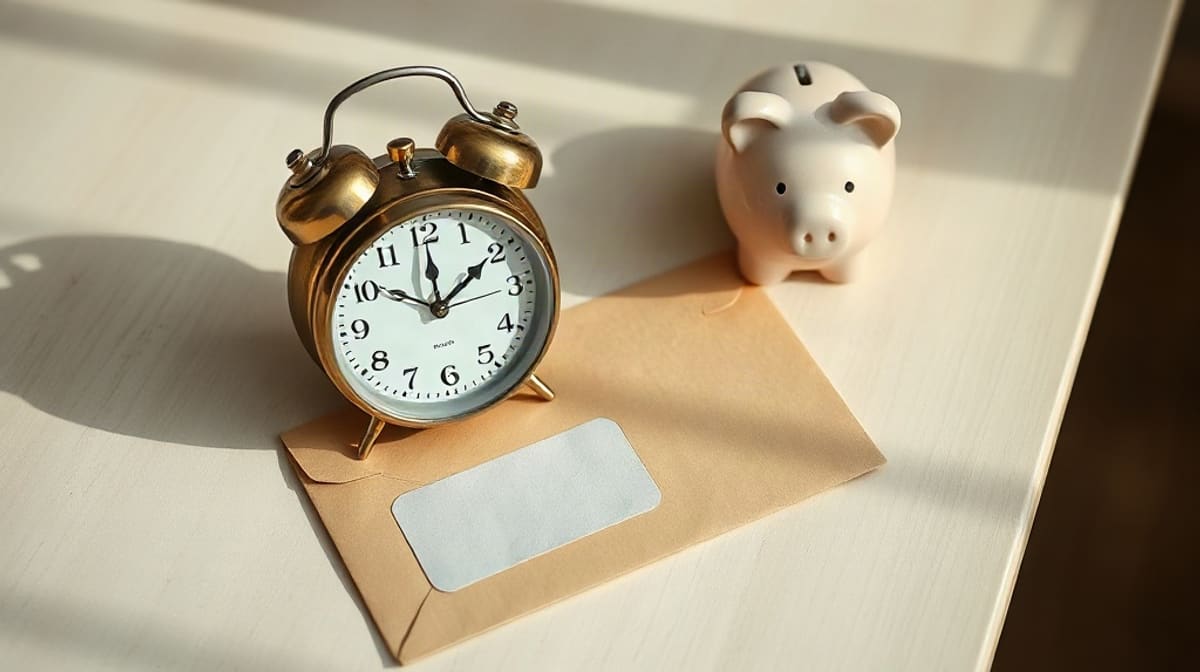 Réveil ancien aux aiguilles reculées posé sur une enveloppe kraft près d’une petite tirelire